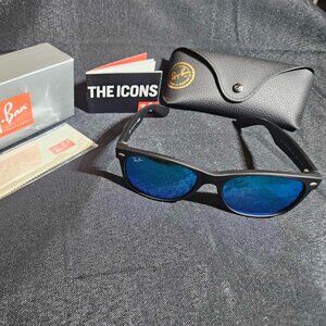 Matte Black Sunglasses with Vibrant Blue Reflective Lenses - Complete Set, New